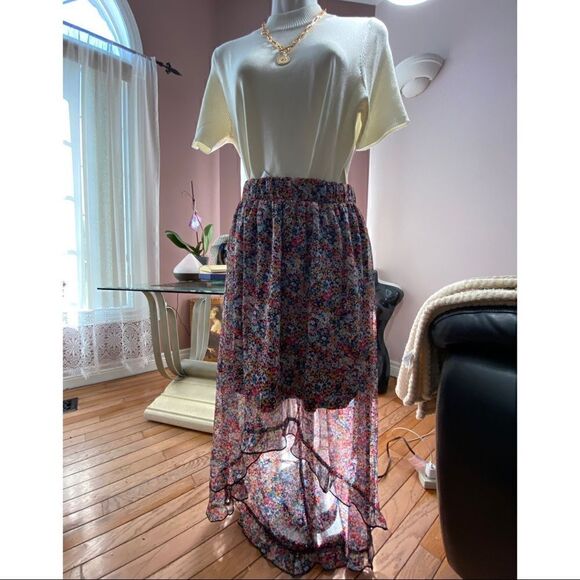 NOBO Pull On Asymmetrical Skirt Navy Blue Pink Ditsy Floral Ruffle - Picture 2 of 12